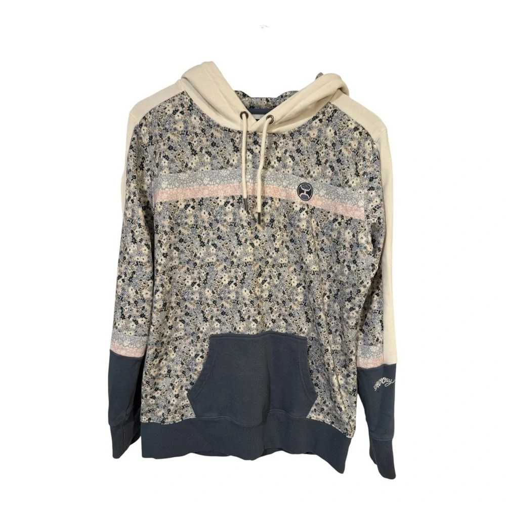 Hooey Women’s Ditzy Floral Hoodie Blue Cream Pullover Kangaroo Pocket M - Picture 4 of 10